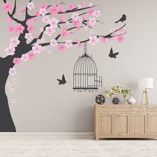 Pink Blossom Tree Bird Cage Wall Sticker