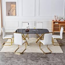 Black Glass Top Material 70 87 In Golden Double Cross Legs Table Base Type Dining Table Seats 6