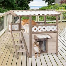 Runesay Feral Cat Hous Kitty Houses With Durable Pvc Roof Escape Door Curtain And Stair 2 Story Design Perfect For Multi Cats