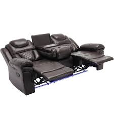 83 1 In Flared Arm Faux Leather Rectangle Manual Recliner 3 Seat Sofa In Brown With Center Console And Led Light Strip