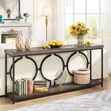 Catalin 71 In Gray Rectangle Wood Console Table 2 Tier Industrial Long Narrow Entryway Table With Storage Shelves