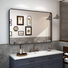 Apmir 40 In W X 32 In H Large Rectangular Tempered Glass Framed Wall Bathroom Vanity Mirror In Matte Black