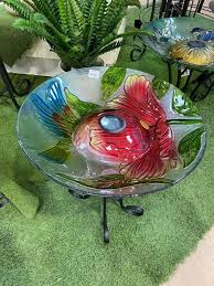 Fl Glass Bird Solar Birdbath Blue