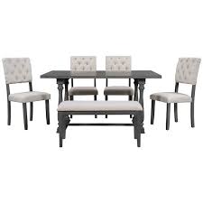6 Piece Gray Dining Table And Chair Set Solid Wood With Special Shaped Legs And Foam Covered Seat Backs And Cushions