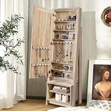 Gymax Jewelry Cabinet Large Full Length Armoire 2 In 1 Stand Mirror Organizer