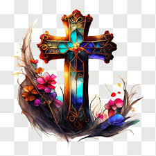 Stained Glass Cross With Flowers Png