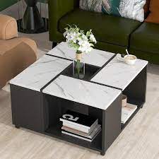 Marble Black 31 4 In Modern Square Particle Board Coffee Table With Casters Cocktail Table With Removable Tray