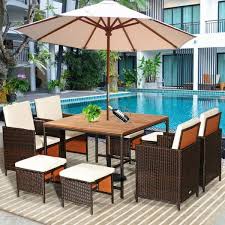 Clihome 9 Piece Wicker Outdoor Dining Set Patio Rattan Chairs Set With White Cushions And Acacia Wood Tabletop
