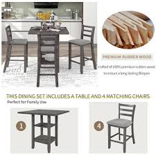 5 Piece Gray Wooden Counter Height Dining Table Set Seats 4 Square Ta
