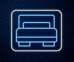 Glowing Neon Line Hotel Room Bed Icon