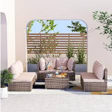 7 Piece Pe Rattan Wicker Outdoor Sectional Patio Furniture Conversation Set With Brown Cushions And 2 Pillow For Garden