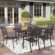 Phi Villa 7 Piece Metal Outdoor Patio Outdoor Dining Set With Rectangle Table And Elegant Stackable Chairs