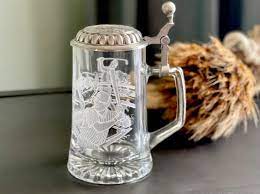Sports Etched Glass Beer Stein Pewter