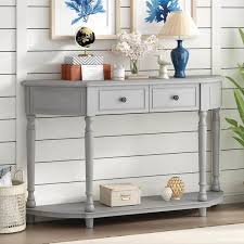 Retro 52 In Gray Curved Wood Console Table With Open Style Shelf And 2 Top Drawers