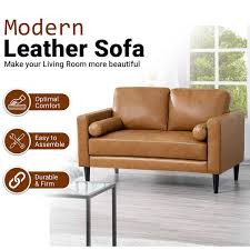 Tan Top Grain Genuine Mid Century Leather Loveseat Sectional Mini Sof