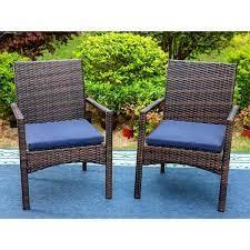 Phi Villa Black Rattan Metal Patio Outdoor Dining Chair With Blue Cushion 2 Pack