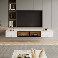 Floating Wall Hung Tv Stand Modern Hanging Tv Cabinet With Motion Sensor Led 4 Flip Down Doors White Stone 86 61