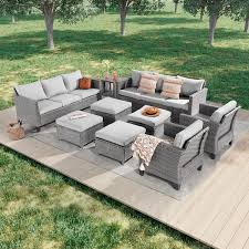 9 Piece Gray Wicker Outdoor Seating Sofa Set With Coffee Table Linen Grey Cushions