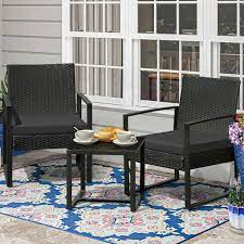 Tozey Black 3 Piece Patio Sets Steel Outdoor Wicker Patio Furniture Sets Outdoor Bistro Set With Black Cushion