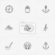 Pirate Line Icon Set With Anchor Ship