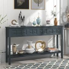 60 In L Navy Rectangle Wood Rustic Entryway Console Table Long Sofa Table With Two Size Drawers And Bottom Shelf Blue