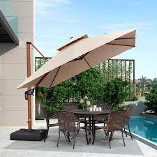 10 Ft Square High Quality Wood Pattern Aluminum Cantilever Polyester Patio Umbrella With Stand Beige