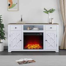 60 In Farmhouse Wooden Tv Stand With Electric Fireplace In Off White For Tvs Up To 65 In