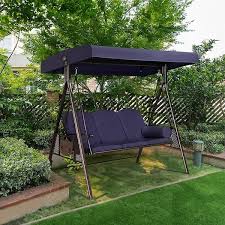 Purple Leaf 3 Person Steel Metal Patio Swing With Foldable Side Table Canopy And Cushions Navy Blue