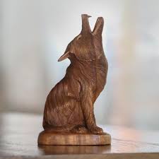 Hand Carved Suar Wood Howling Wolf