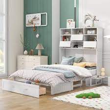 Versatile White Wood Frame Queen Size Murphy Bed With Bookcase 2 Bedside Shelves And A Big Drawer