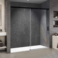 Wellfor 48 In W X 76 In H Sliding Semi Frameless Shower Door In Matte Black With 5 16 In Glass Aluminum Guide Rail