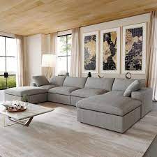 161 In Flared Arm 1 Piece Linen U Shaped Sectional Sofa In Light Gray