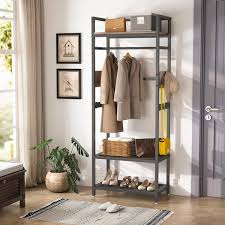 Carmalita Brown 69 29 In Industrial Hall Tree Entryway Coat Rack With Shoe Storage Shelf And Hooks