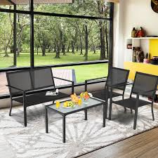 4 Pcs Patio Furniture Set Sofa Coffee Table Steel Frame Garden Gray