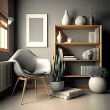 Grey Wall Color And Wooden Bookshelf
