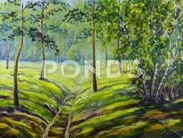 Original Oil Painting Of Forest Pine