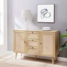 Natural Wood And Rattan Boho Sideboard With 2 Doors And 3 Drawers