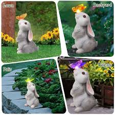 Rabbit With Solar Erfly Changing Lights Garden Statues Bunny Statue For Patio Balcony Yard Lawn Ornament