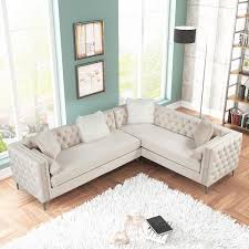 108 In W Convertible Sectional Sofa L Shaped Velvet Modern Sectional Sofa In Beige