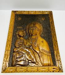 Vintage Carved Wood Icon Mary Of Three
