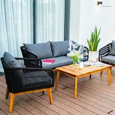 Mieres 4 Piece Wicker Patio Conversation Set With Gray Cushions