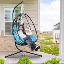 Wicker Indoor Outdoor Patio Swing Egg Chair With Stand And Cushion In Light Blue