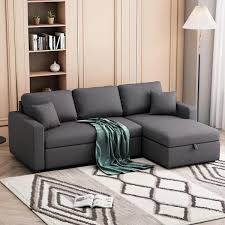 87 4 In W Square Arm L Shaped Polyester Upholstery Sleeper Sectional Sofa In Gray With Storage Space