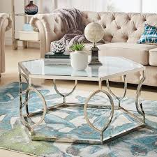Homesullivan 40 In Nickel Silver White Hexagonal Metal Frosted Glass Coffee Table