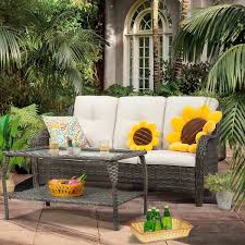 2 Piece Rattan Wicker Outdoor Patio Conversation Sectional Sofa With Beige Cushions And Coffee Table