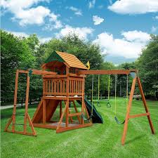 Professionally Installed Outing Iii Wooden Outdoor Playset With Wood Roof Monkey Bars Slide And Swing Set Accessories
