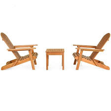 Costway 3pcs Patio Wooden Adirondack Chair Table Set Folding Seat 3 Piece Sets Natural