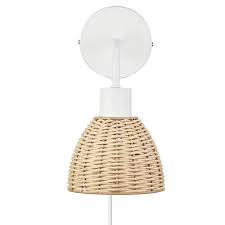 1 Light Matte White Plug In Or Hardwire Wall Sconce With Rattan Shade 6 Ft White Cord In Line On Off Rocker Switch 91002865