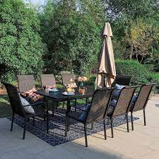 9 Piece Metal Patio Outdoor Dining Set With Expandable Table And Brown Rattan High Back Wave Arm Chairs