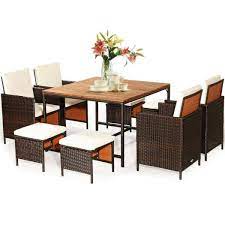 Clihome 9 Piece Wicker Outdoor Dining Set Patio Rattan Chairs Set With White Cushions And Acacia Wood Tabletop